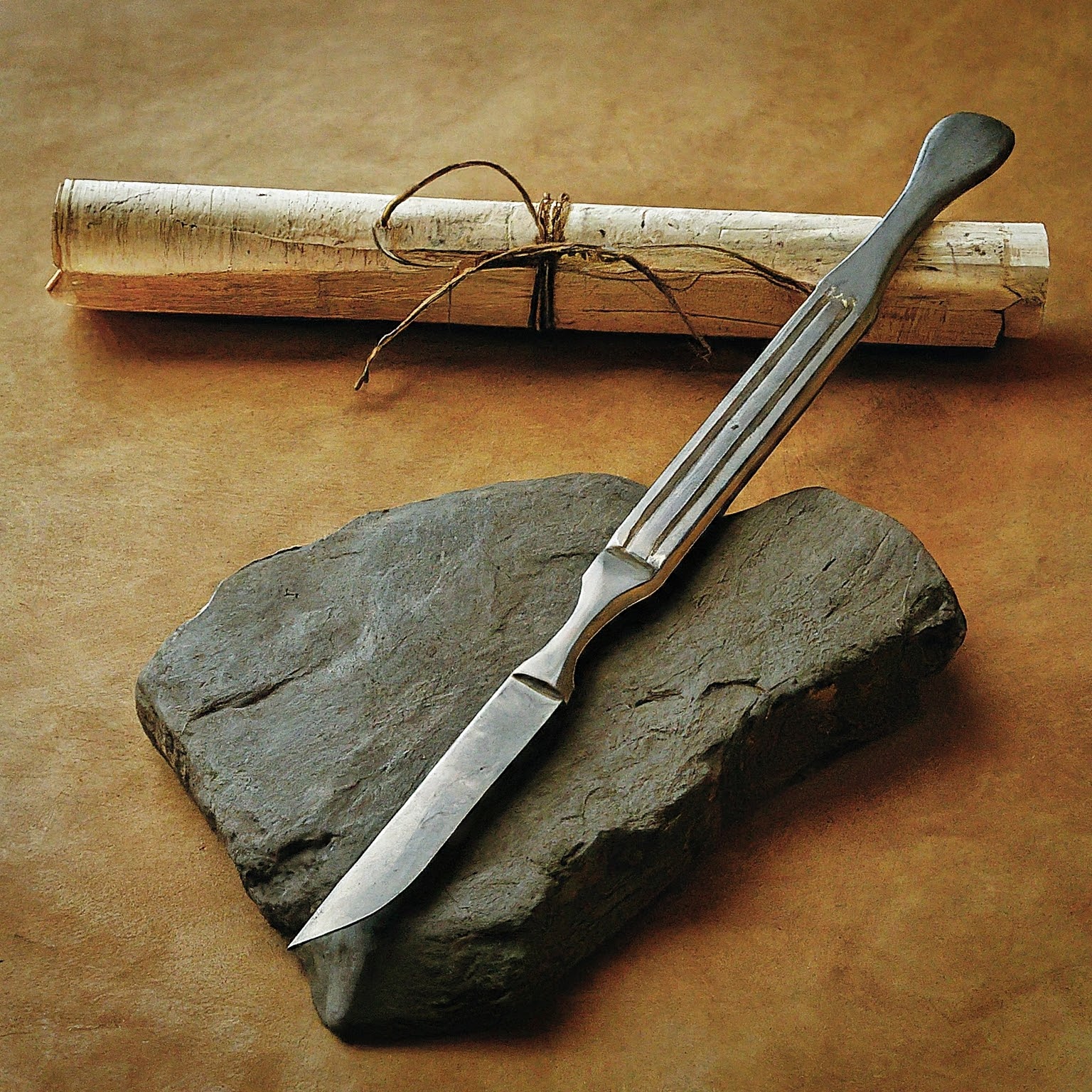 A Rock, scroll of papyrus, and a scalpel